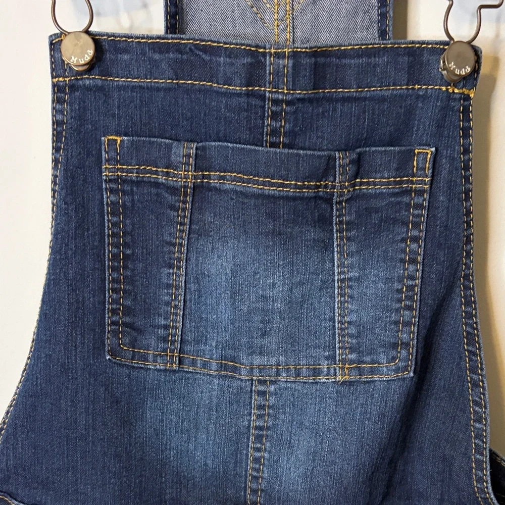 Mudd Dark Blue Denim Overall Shorts Floral Pockets Medium - Picture 5 of 9